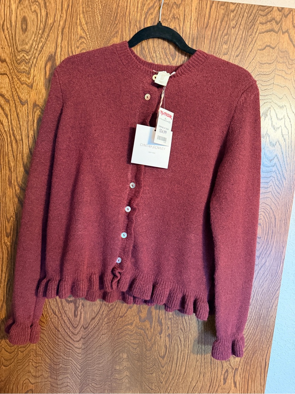 Cynthia Rowley Ruffle-Hem Button Cardigan in Burgundy - Picture 4 of 4